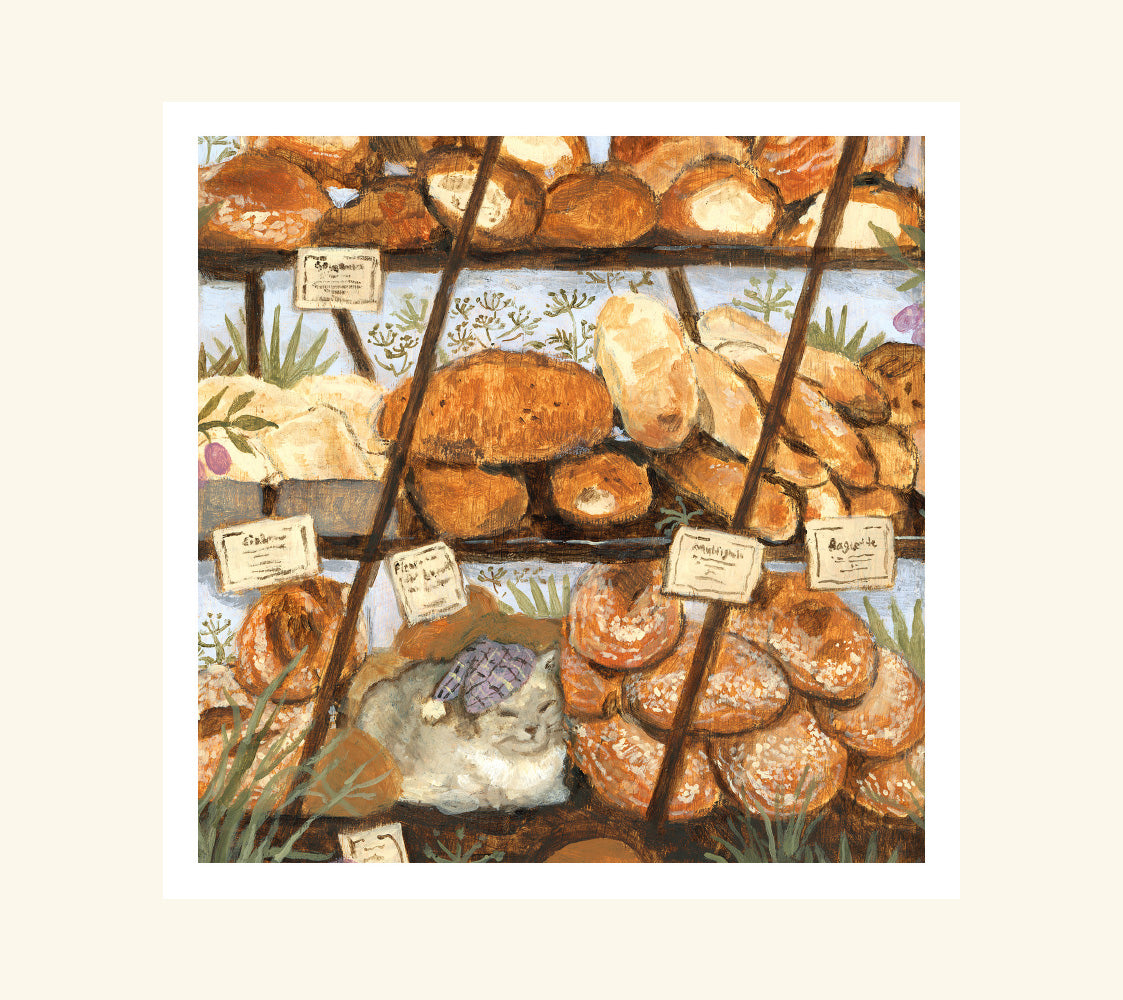 A cat napping at the bakery - Greeting card