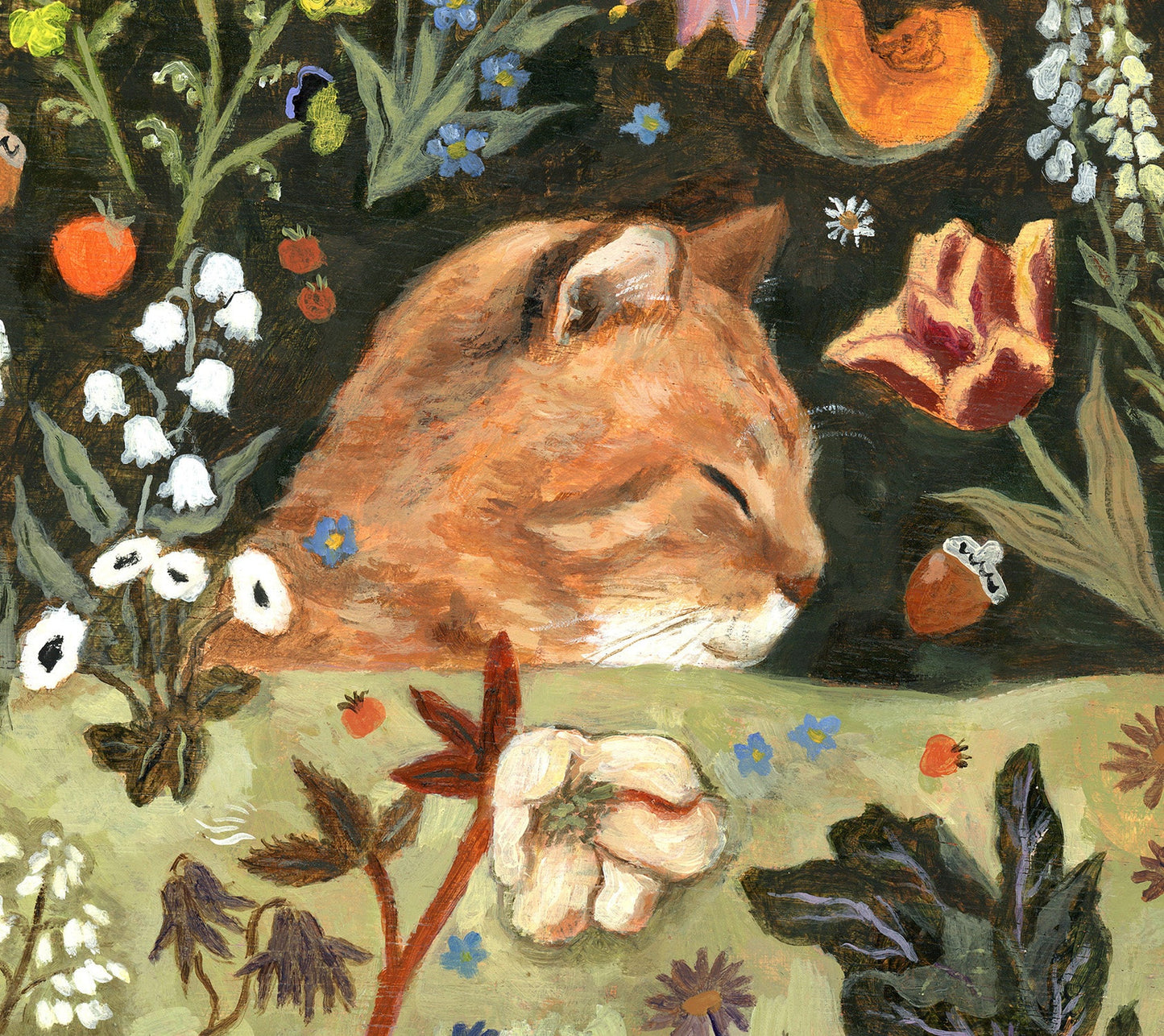 Orange cat and spring garden