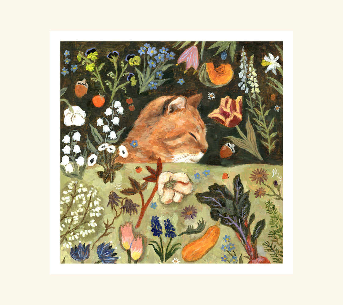 Orange cat and spring garden - Greeting card