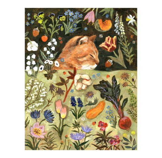 Orange cat and spring garden