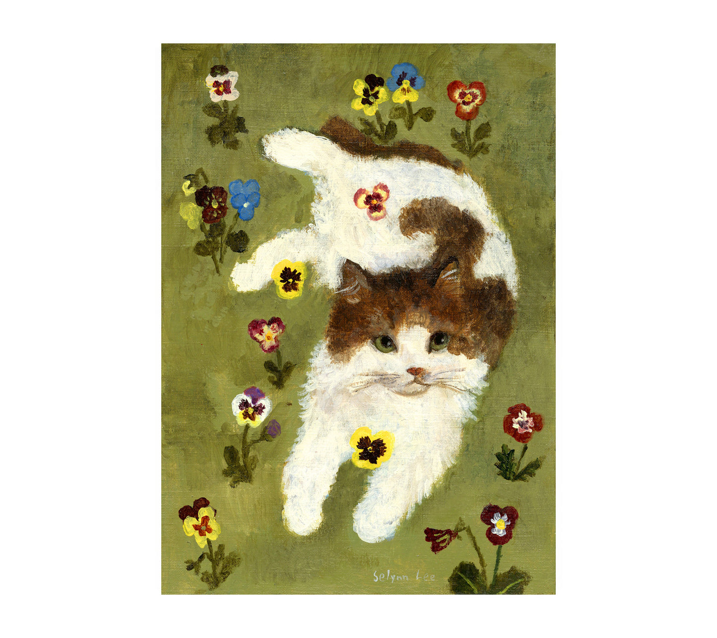 A cat and pansy flowers
