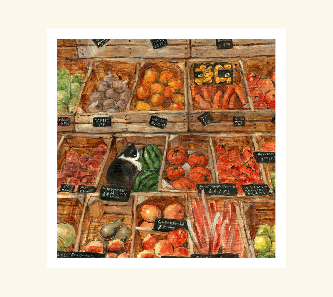 A sleeping cat at the fruit store - Greeting card