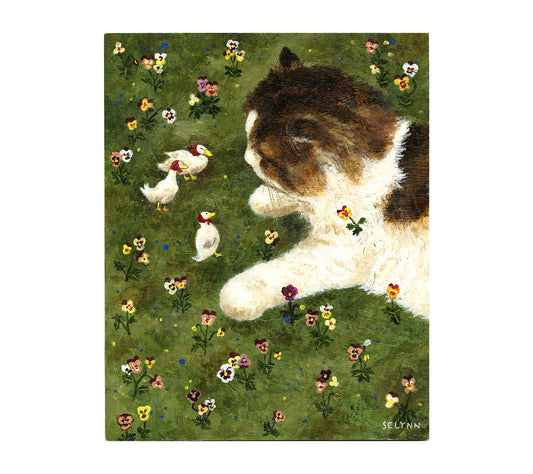 A cat and three ducks