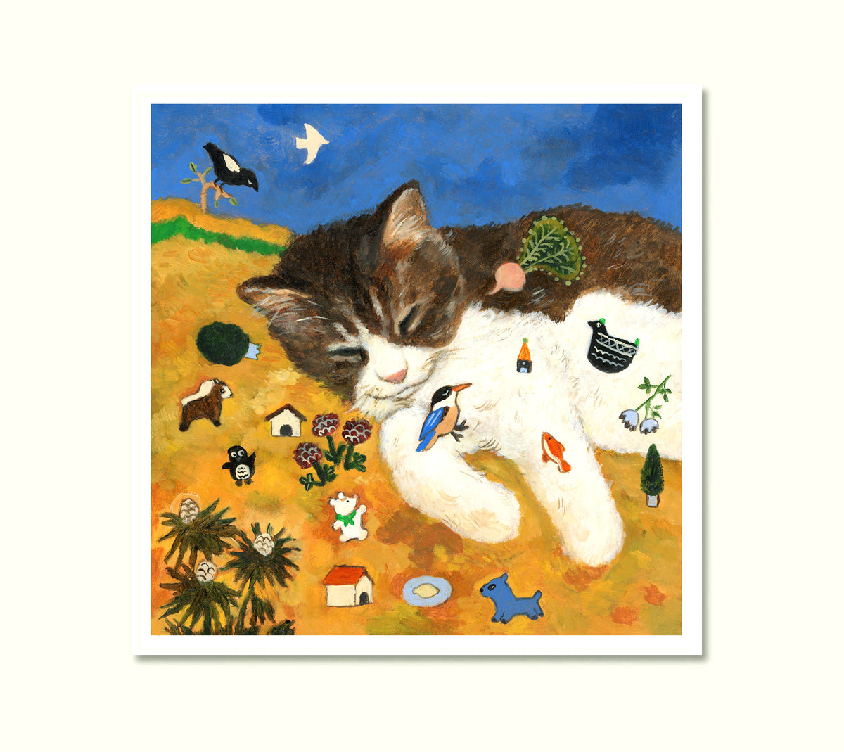 A cat sleeping in a wheat field - Greeting card